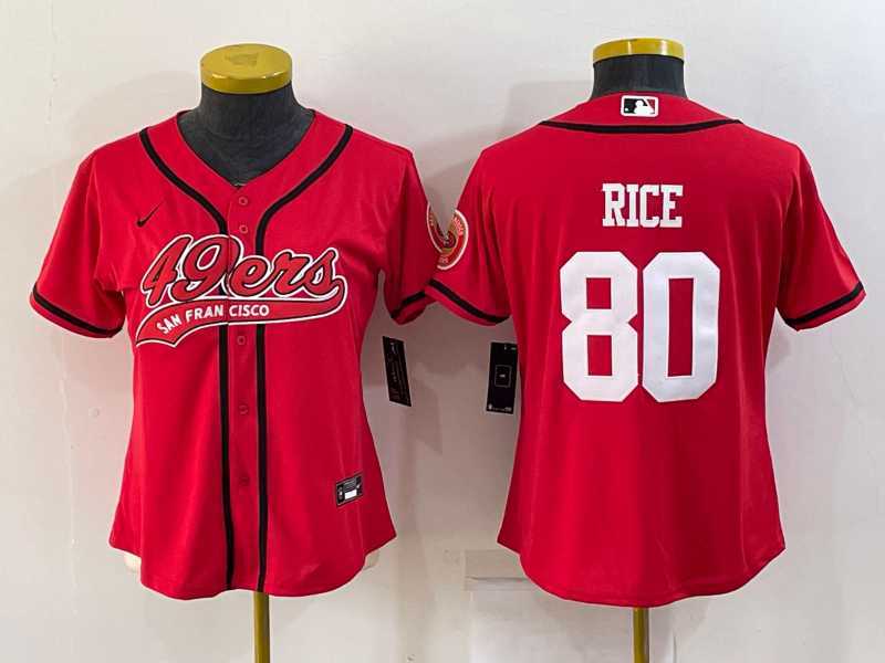 Women%27s San Francisco 49ers #80 Jerry Rice Red With Patch Cool Base Stitched Baseball Jersey